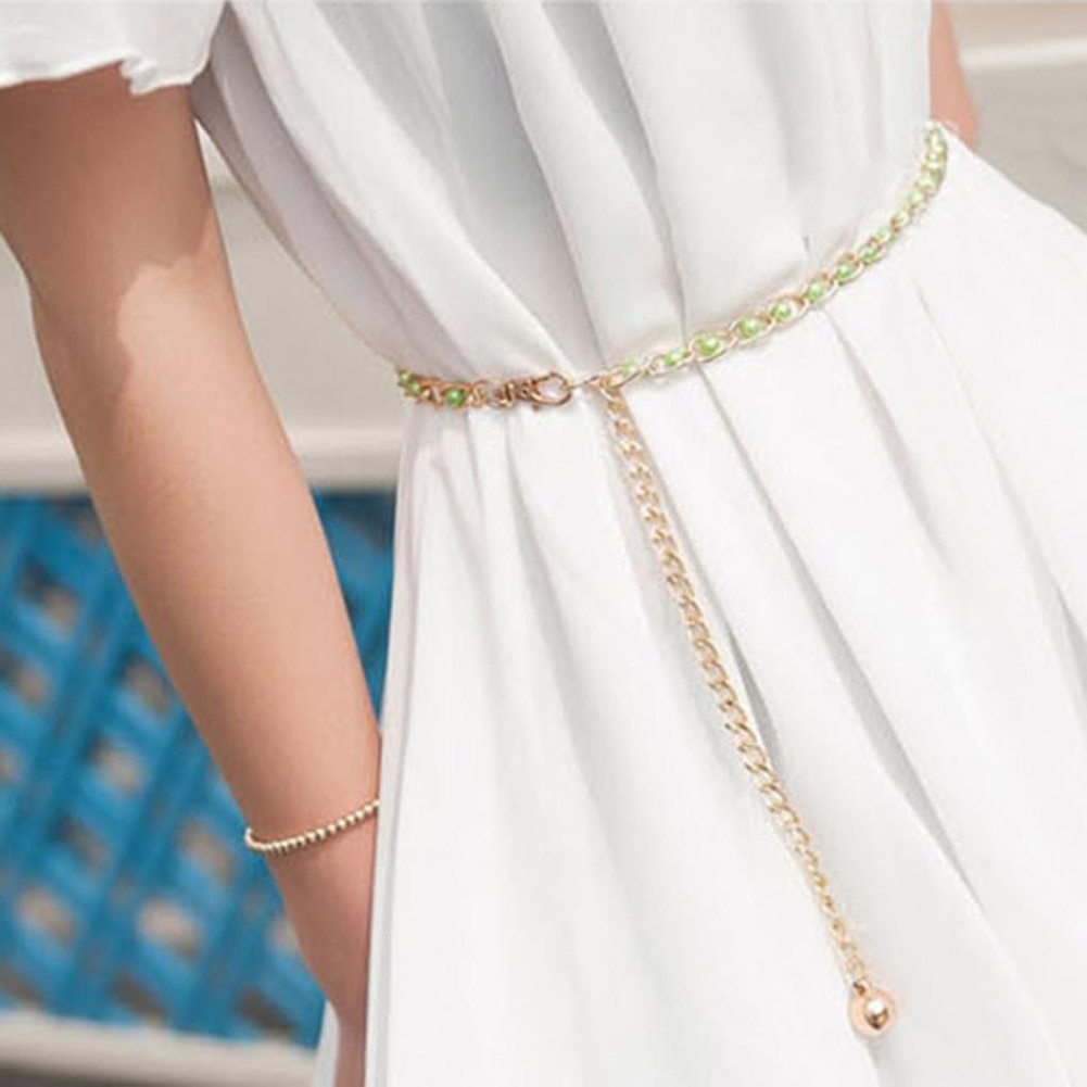 Women's Candy Color Pearl Beads Metal Thin Waist Belts Luxury Brand Harajuku Slim Chain Belt Dress Accessories Cinturon Mujer