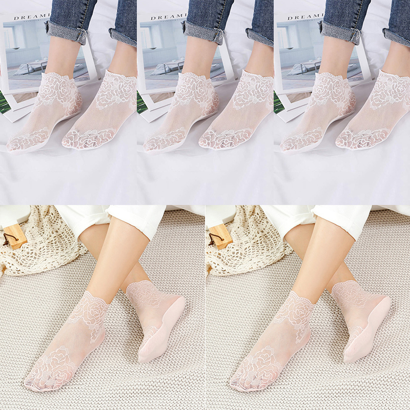 calcetines mujer calcetines tobilleros mujer calcetines invisibles mujer verano Lolita-Calcetines invisibles de encaje para mujer, medias finas, transparentes, antideslizantes y poco profundas, lote de 5 pares: Rosa