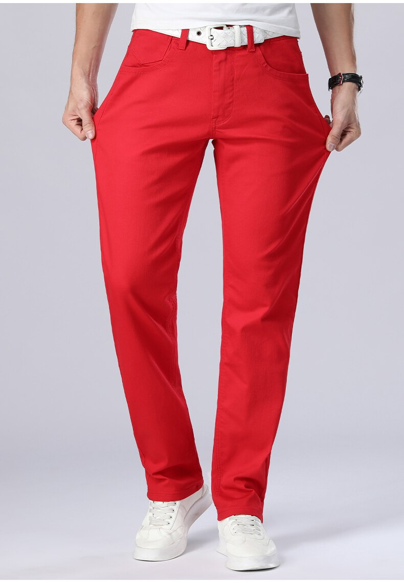 2 stilar herr röda jeansbyxor tunna raka herrjeans slim fit byxor klassiska jean homme spijkerbroeken mjuk: Röd / 34