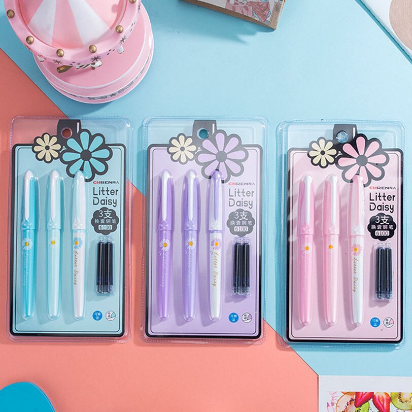 Pluma estilográfica de 3 piezas para niños, bolígrafos de tinta borrables con Punta pequeña Kawaii, suministros de papelería para escuela y oficina