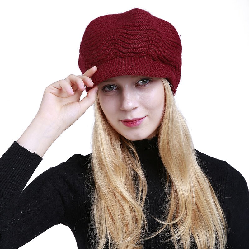 Dame plys indvendig flad skygge strikket hue efterår vinter ensfarvet blød visir hue ski cap hun strikket hue hue