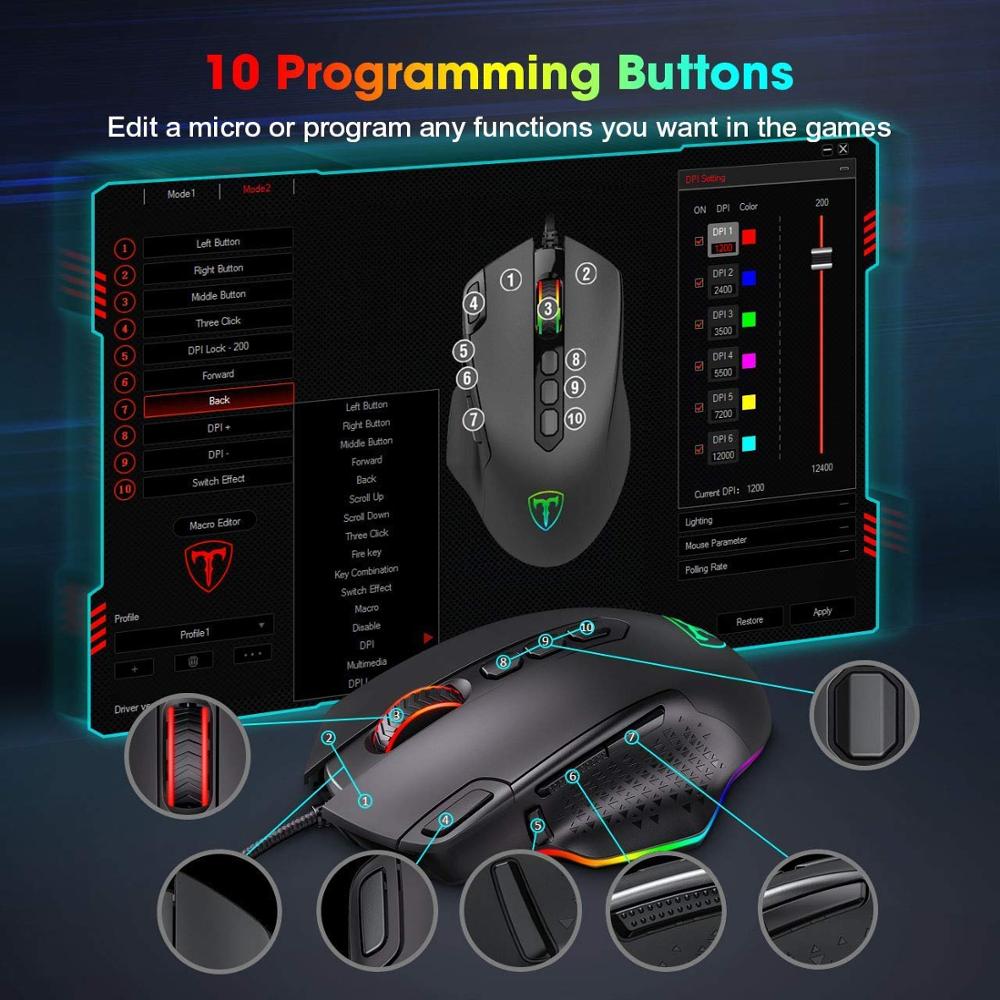 PICTEK 12000DPI Wired Gaming Mouse Gamer Ergonomic Mouse USB With RGB Backlit 10 Buttons For Windows Computer Mice