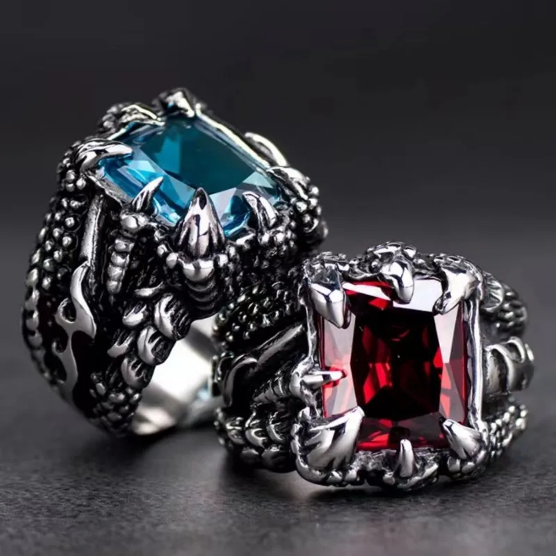Gothic Blue and Red Crystal Zircon Evil Demon Dragon Claw Ring for Men Gram Biker Punk Rock Hip Hop Opening Rings Cool Jewelry