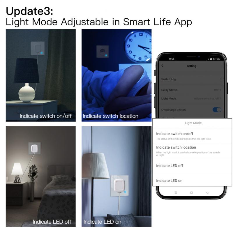 Smart Wall Socket Tuya WiFi Glass Panel Outlet Power Monitor Touch Plug Relay Status Light Mode Adjust With Alexa Google Home