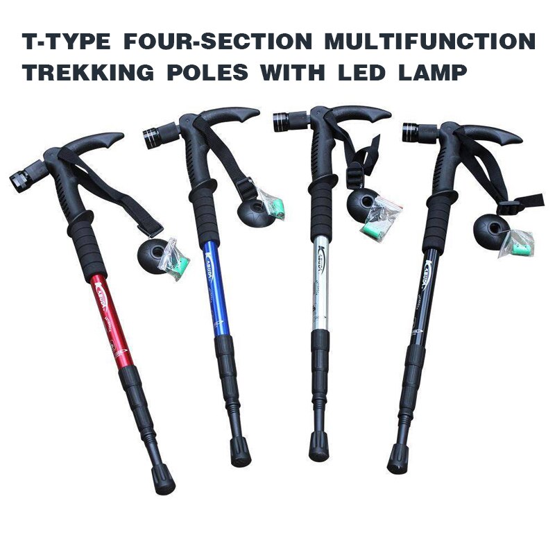 Light hiking poles telescopic sticks Multifunctional 4-section climbing stick with compass and LED lamp trekking T-handle