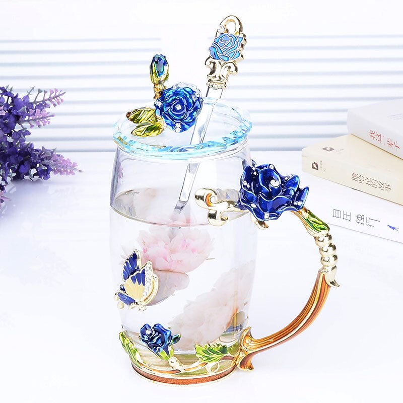 Blå rose emalje krystall te kopp kaffe krus sommerfugl rose malt blomst vann kopper klart glass med skje sett: 06
