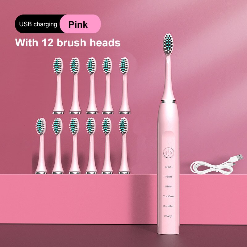 gollinio Sonic Electric Toothbrush Adult Timer Brush 5 Mode USB Charger Rechargeable Tooth Brushes Replacement Heads Set GL12A: GL12Pink12H