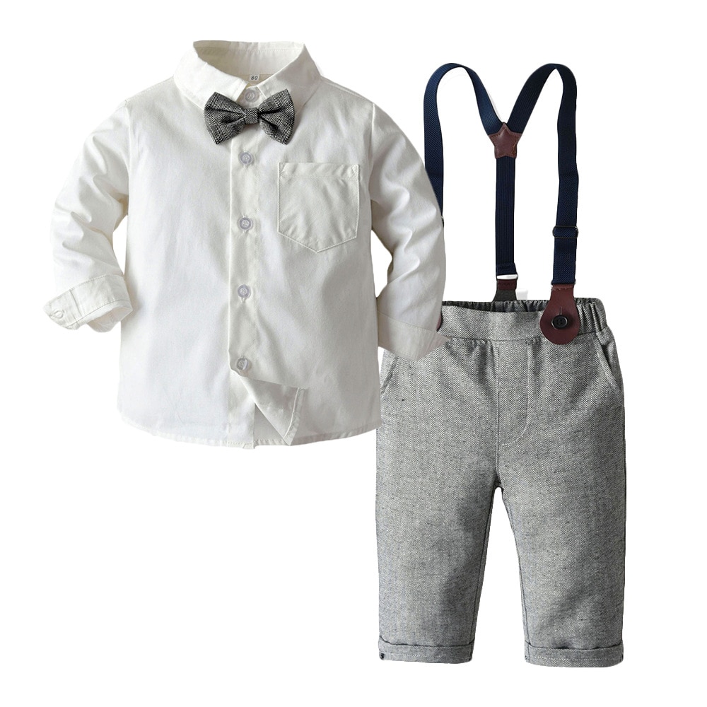 Jongen Kleding Set Jurk Pak Gentleman Wit Shirt Met Strikje + Grey Broek Party Wedding Knappe Kid Kleding Voor jongens Kleding