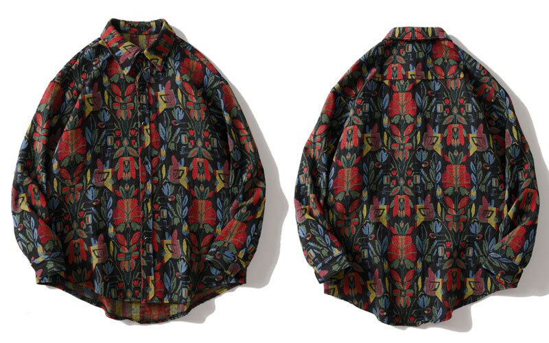 Gonthwid sydvestlige aztec tribal indian button shirts streetwear hip hop afslappet blomster mønstret langærmet shirt frakker toppe: Mørk farve / Xxl