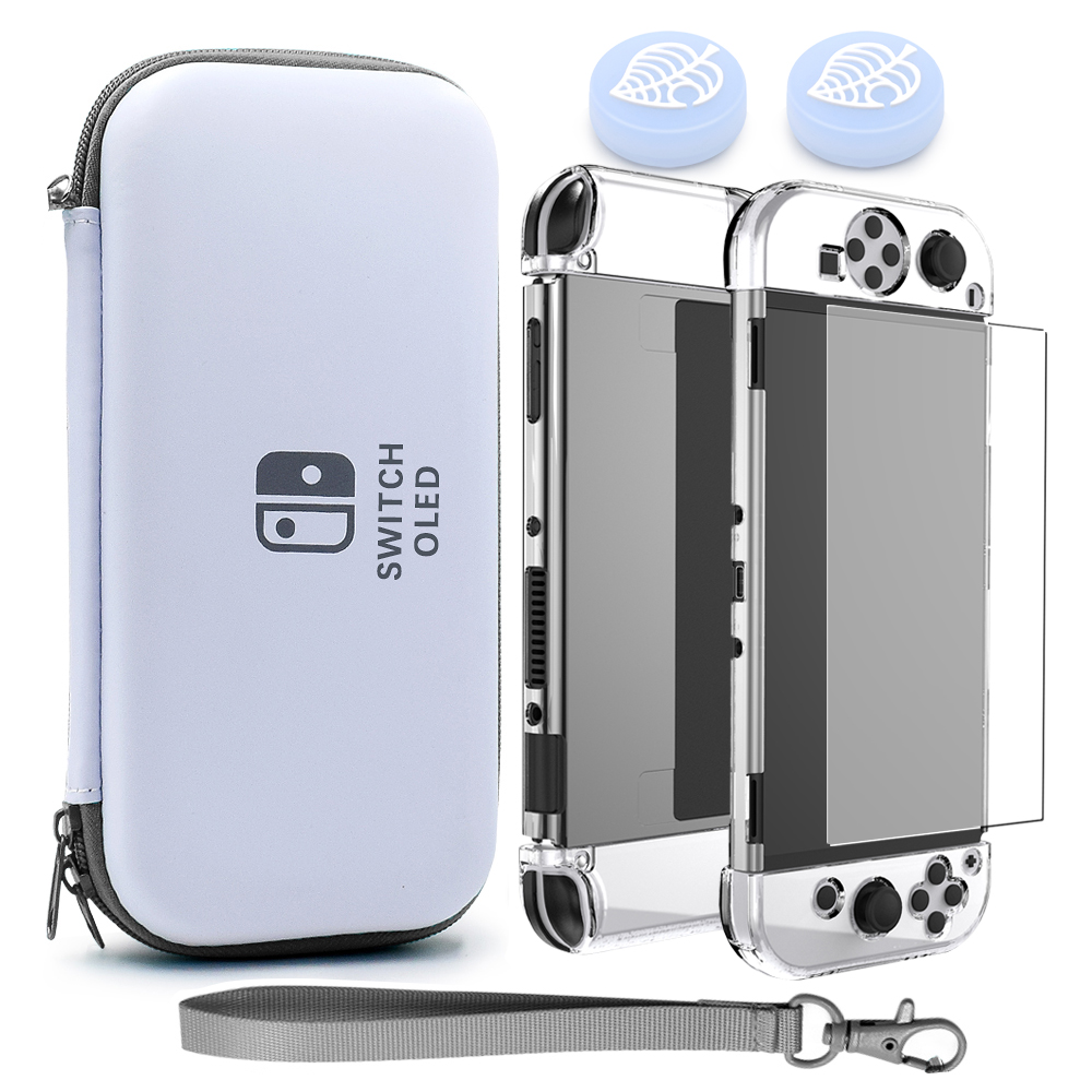 Switch OLED Storage Carry Bag Accessories Kit PC Clear Cover Case Screen Protector With Analog Grips for Nintendo Switch OLED: white