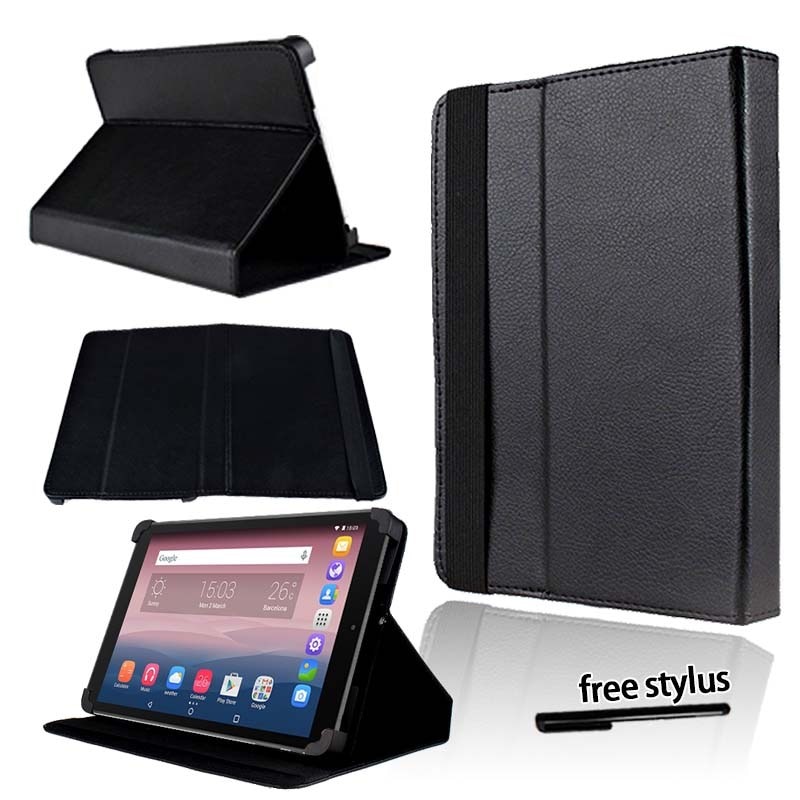 KK&LL For Alcatel OneTouch Pixi 3 10 inch - Leather Tablet Stand Folio Cover Case + Free stylus: Black