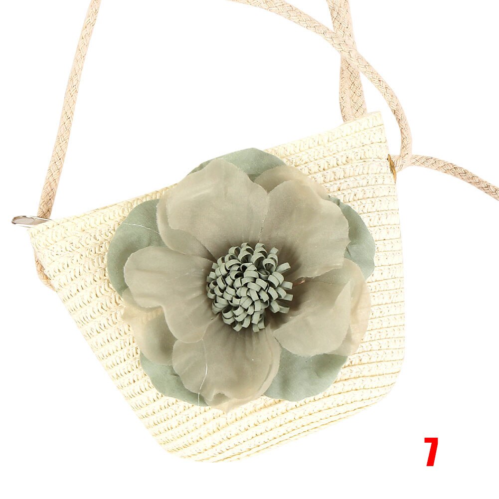 Vrouwen Meisjes Stro Zonnehoed + Leuke Bloem Stro Schoudertas Set Zomer Strand Kit: 7