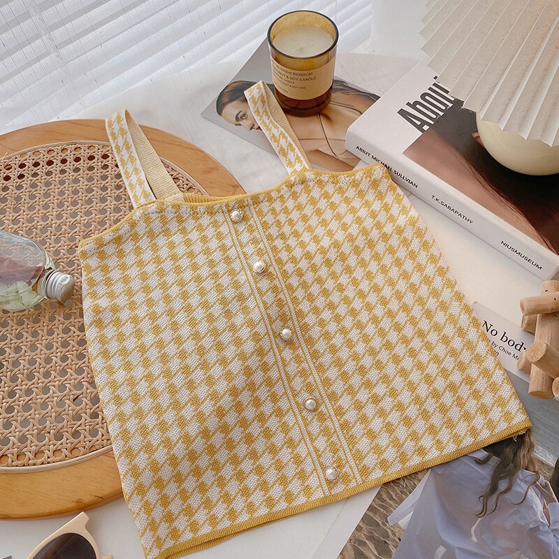 Oudea – débardeur à bretelles en pied-de-poule pour femme, haut court décontracté avec boutons en perles, Vintage, boîte Picto Edge, été: style 2 yellow