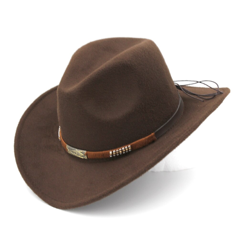 Mistamanecer Estilo Vintage Otoño Invierno sombrero de cowboy del oeste de ala ancha Cowgirl Riding Cap con banda trabajada a mano tamaño 56-58cm: Dark Brown