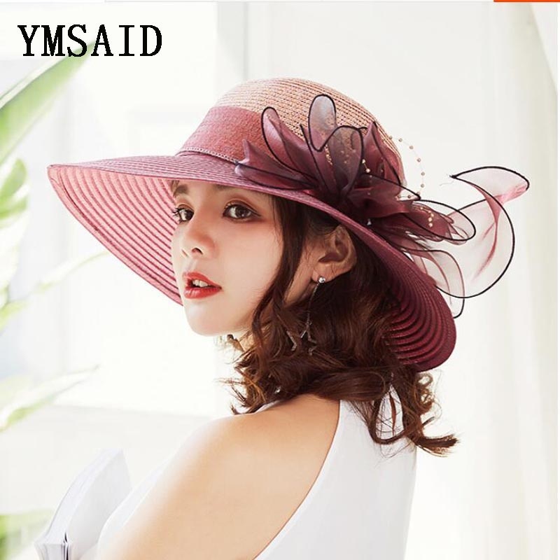 Ymsaidhigh Guality Elegante Vrouwen Kerk Hoeden Voor Zomer Mode Grote Bloem Zonnehoed Brede Rand Strand Casual Strand Chapeu Feminino