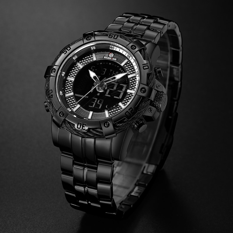 GOLDENHOUR-reloj analógico de acero inoxidable para hombre, accesorio de pulsera de cuarzo resistente al agua con doble pantalla, complemento Masculino de de lujo con clásico