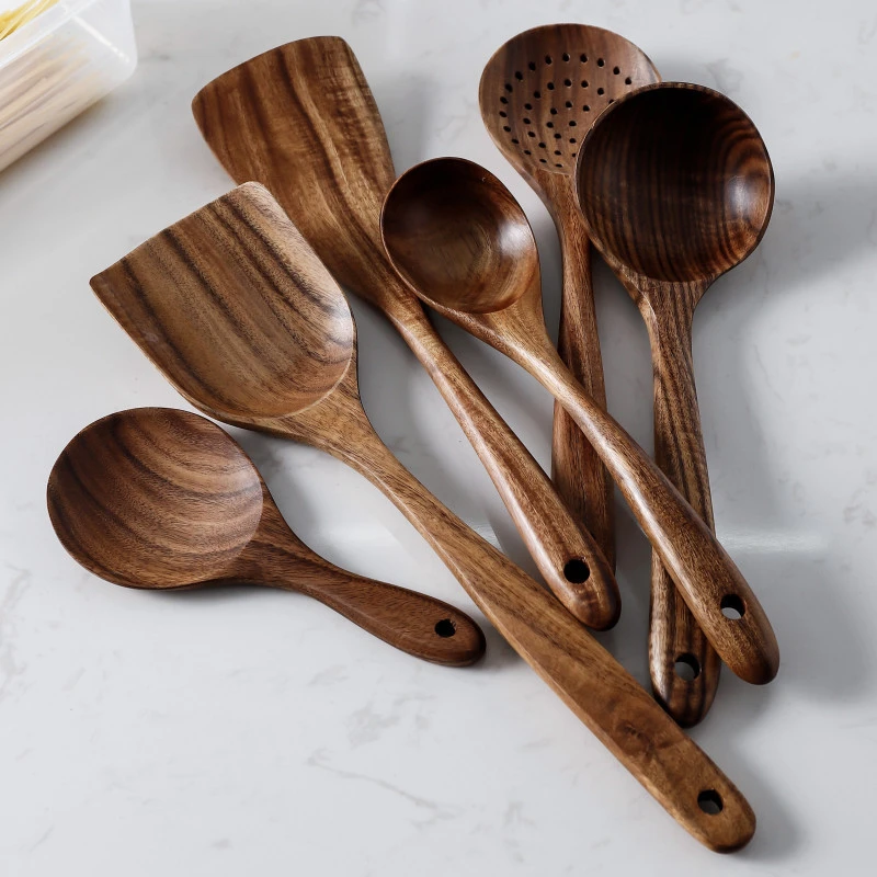 7 Stks/set Teak Natuurlijke Houten Servies Lepel Pollepel Turner Rijst Vergiet Soep Skimmer Koken Lepel Scoop Keuken Herbruikbare Tool Kit