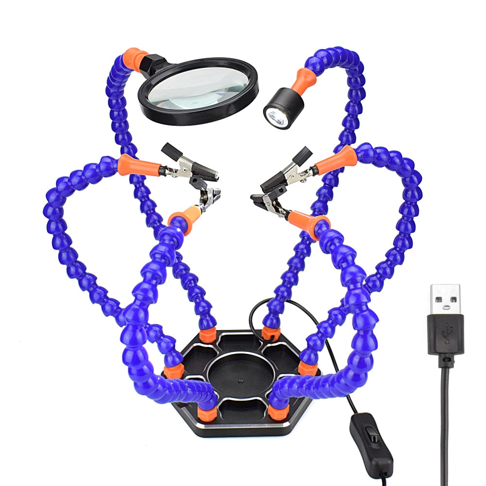 Toolour Helping Hands Third Arm Soldering Work Station 6 Flexible Arms with Precision 360 Degree Alligator Clip USB 3X Magnifier