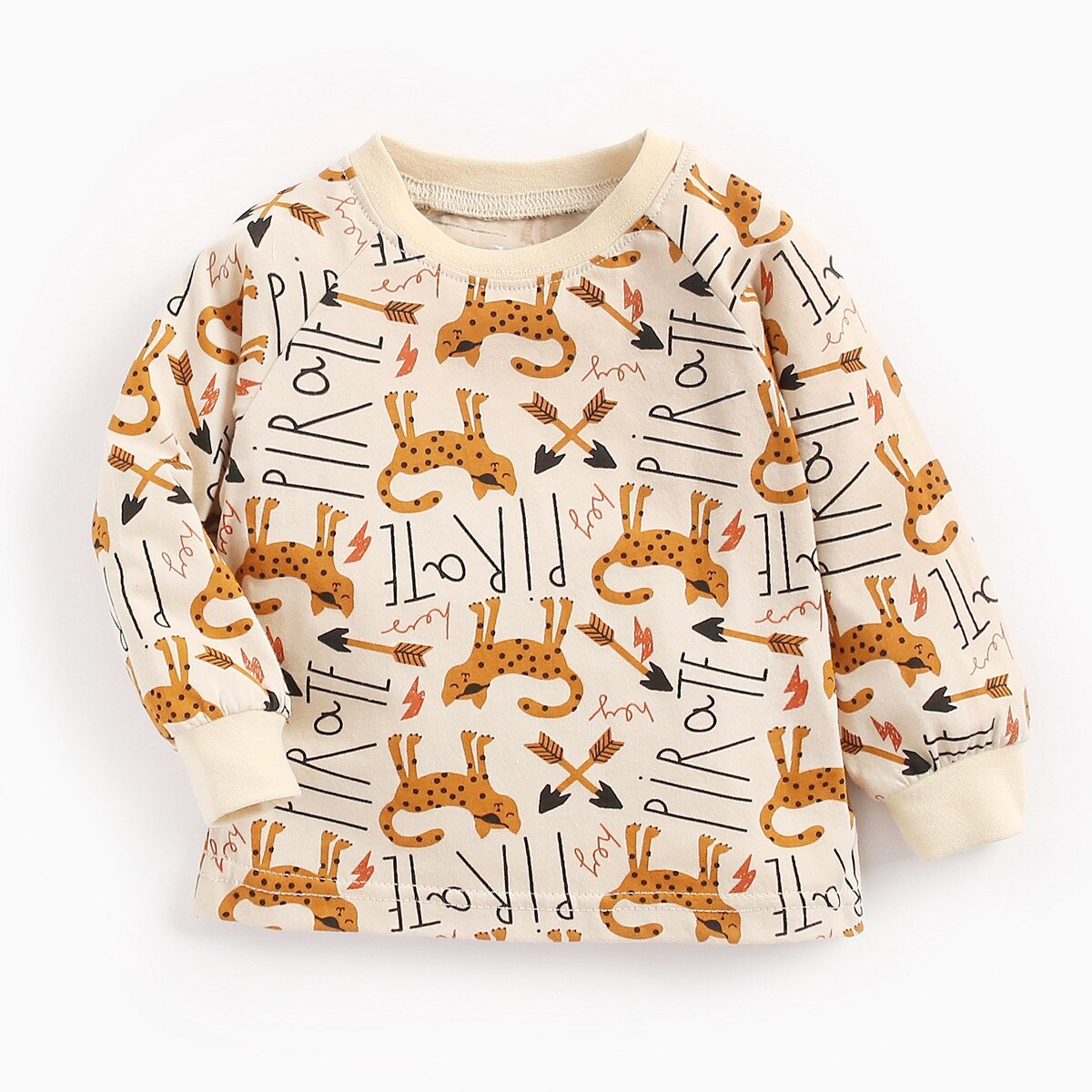 Camiseta de manga larga por el trasero de algodón para bebé de dibujos animados para chico para otoño e invierno, pijamas de primavera y otoño, Tops de ocio para niños: Beige