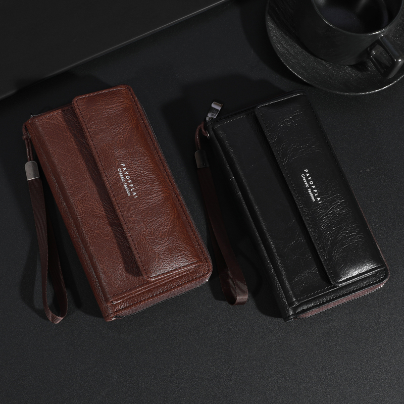 Men's PU Zipper Handbag Large Capacity Long Wallet Clutch Bag Phone Bag Multi card Card Holder Coin Purse Wallet Double Layer