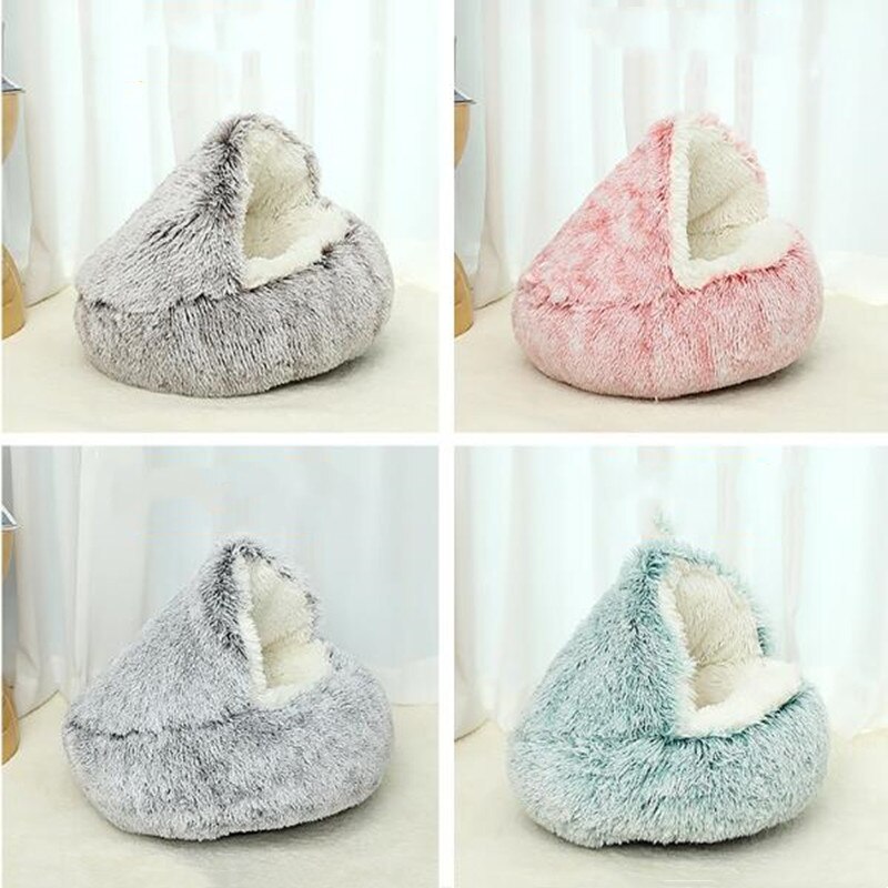 Winter Lange Pluche Huisdier Kennel Hond Bed Ronde Kussen Kat Huis 2 In 1 Warm Kat Mand Slaap Semi-afgesloten Zak Voor Puppy Kleine Kat