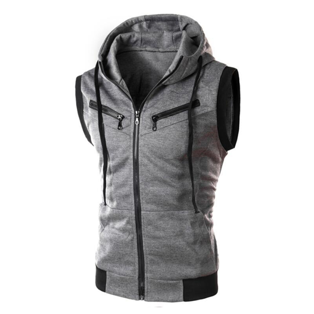 men's monochromatic hooded vest zipper pocket sleeveless vest jacket