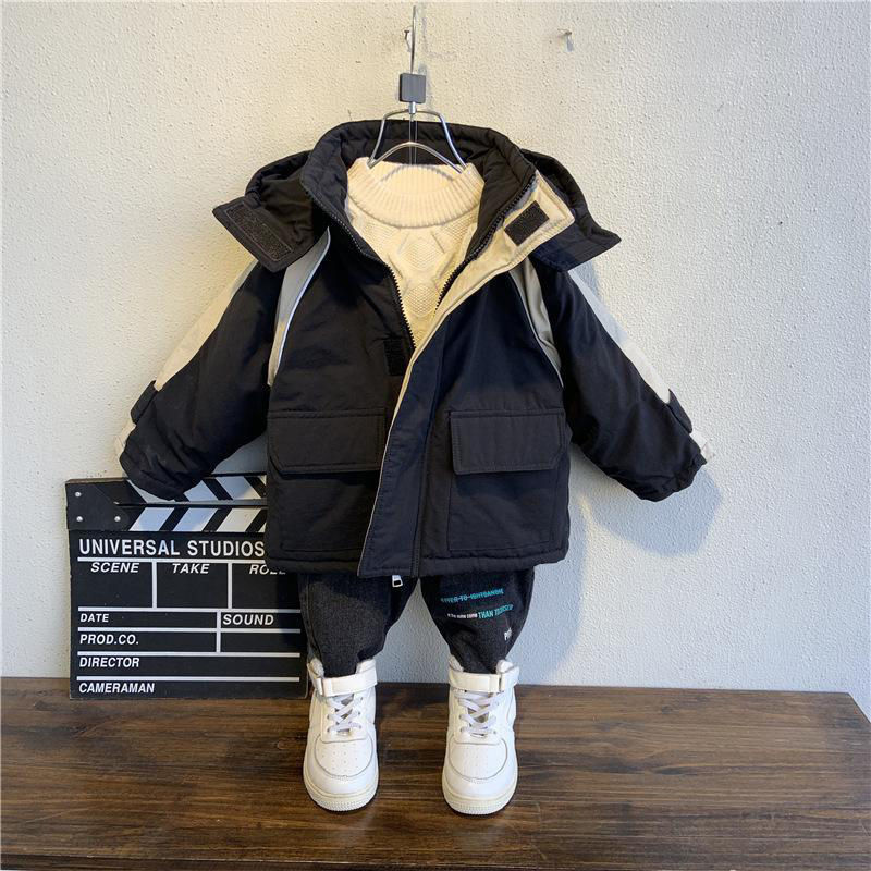 Winter Jongens Jas Baby Bontkraag Hooded Katoen Plus Fluwelen Dikker Warme Jas Voor Kinderen Jas Voor jongens 3-8years: black / 4T