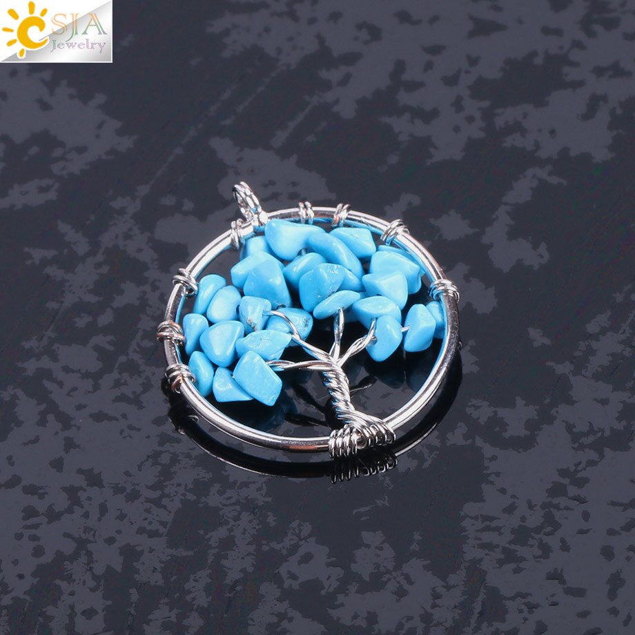 CSJA Tree of Life Necklace &amp; Pendant Silver Color Crystal Natural Gem Stone Chip Beads 7 Chakra Wire Wrapped Women Jewelry F141: Blue Turquoise