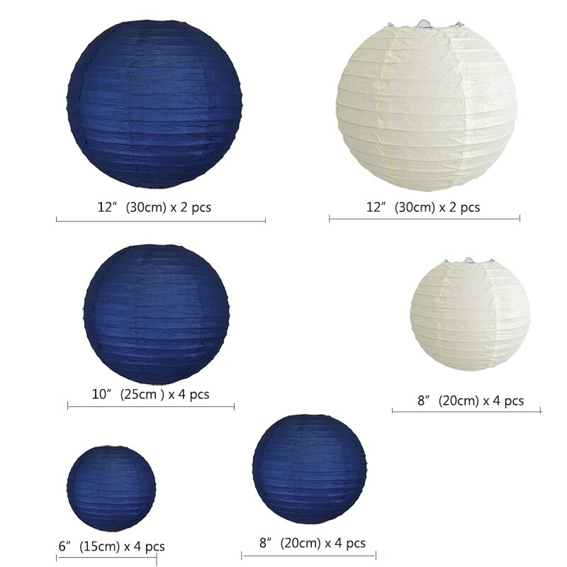 20Pcs 6 Inch-12 Inch Paper Lanterns Assort with Size Navy Blue Beige Chinese Paper Lantern Lampion for Wedding Christmas Event P