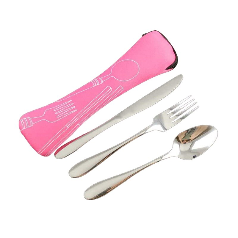 3 pz/impostato Portatile Posate in Acciaio Inox Forchetta Cucchiaio taglierina Utensili Da Cucina Posate per Il Campeggio Esterno di picnic: rosa