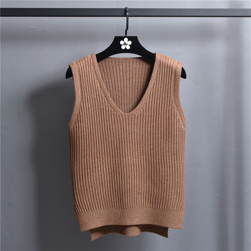Strikket vest med v-hals, koreansk stil ensfarvet vest til kvinder løs vest stribet slim sweater frakke: Brun