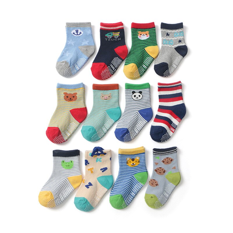 Chaussettes antidérapantes pour enfants, 12 paires/lot couleurs mélangées, pour garçons