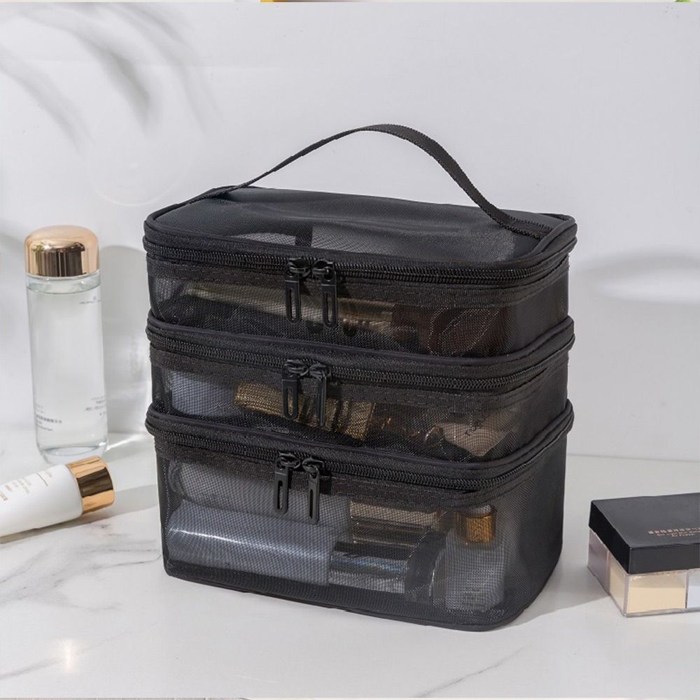 Women's Transparent Mesh Travel Cosmetic Bag Makeup and Toiletries Kit Storage Bag Make Up Organizer Bag: black