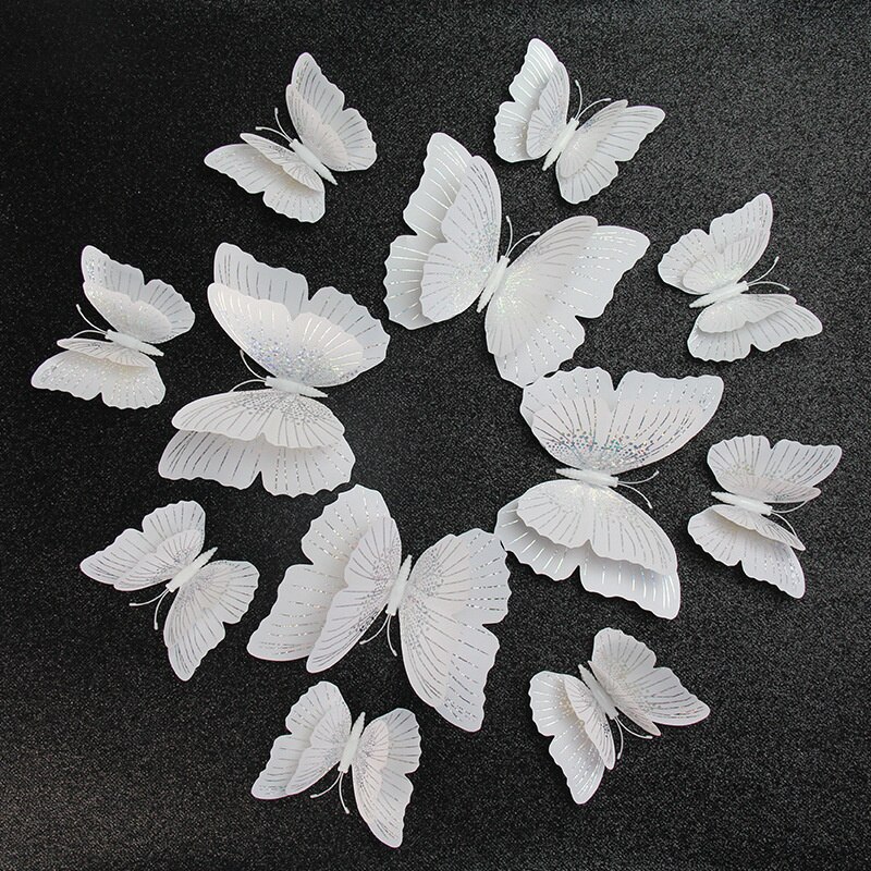 Autocollant mural papillon 3D Double couche, 12 pièces, pour la décoration de la maison, aimant pour réfrigérateur, colle gratuite: White