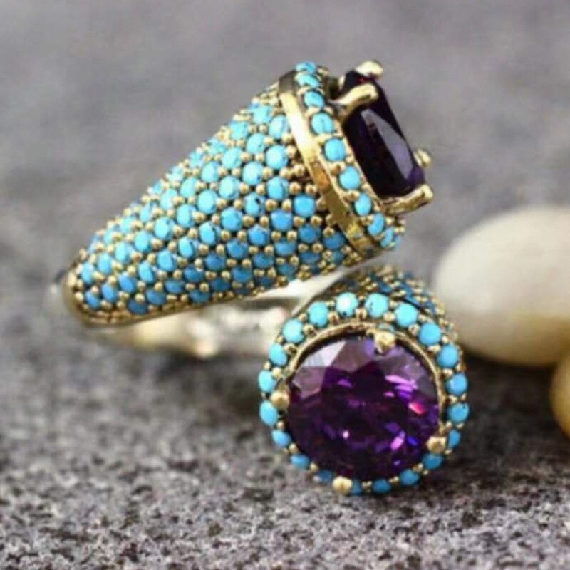 Timeless Violet Purple Fire Opal Open adjustable Rings Rose Gold Color Cubic Zirconia Round Purple Stone Classic Jewelry
