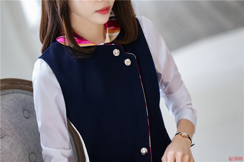 Formal Two Piece Women Business Suits with Skirt and Tops Sets Work Wear Ladies Waistcoat & Vest Navy Blue