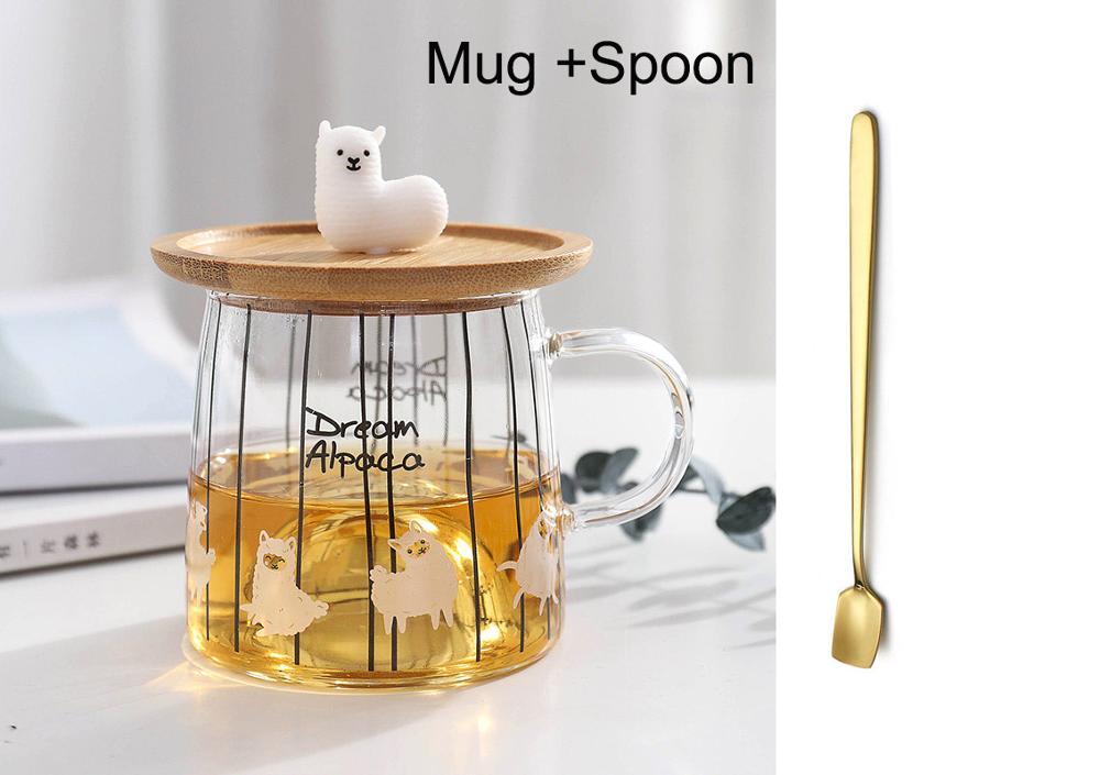 Leuke 3D Alpaca Glas Mok Met Bamboe Deksel, hittebestendig Glas Mokken Ochtend Mok Melk Koffie Thee Ontbijt Cup Voor: 05