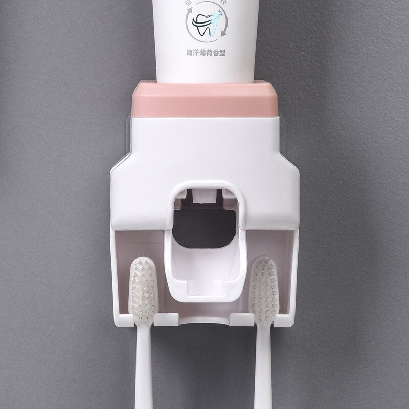 Automatisk tandpasta dispenser tandbørsteholder rack vægbeslag tandpasta klemme stativ tilbehør til badeværelset: Lyserød
