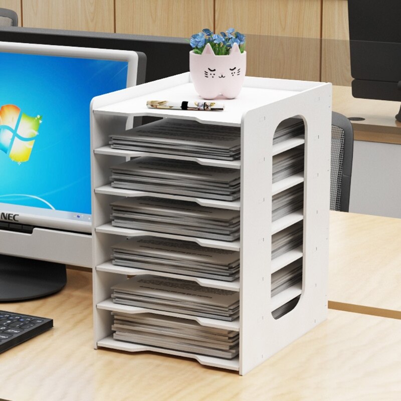 Multi-layers Paper File Holder Sundries Storage Box PVC Wood Desktop Book Magazine Desk Shelf Stationery Organizer