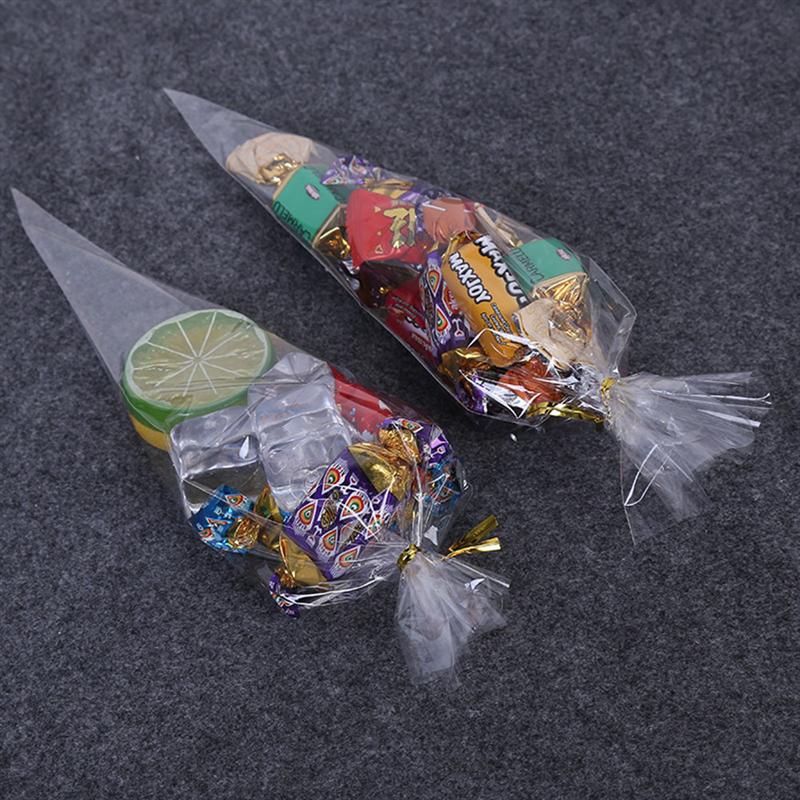 200 Pcs Diy Candy Bag Wedding Gunsten Clear Cellofaan Snoep Zakken Party Bag Kegel Sweets Behandelen Zakjes Met Gouden twist Tie A3