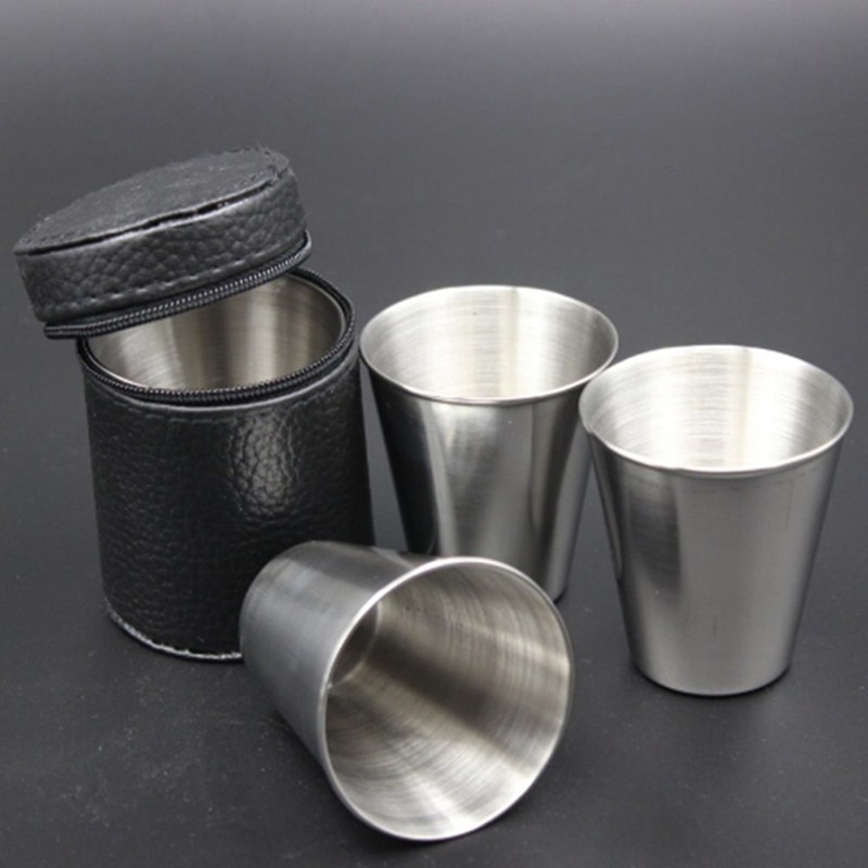 4pcs/lot 30ml Outdoor Camping Tableware Travel Cups Set Picnic Supplies Stainless Steel Wine Beer Cup Whiskey Mugs PU Leather