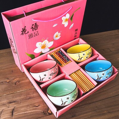 Japanse Kersenbloesem Keramische Kom Set Magnetron Kleine Klassieke Salade Noodle Ramen Rijst Soepkom Met Eetstokjes Servies: 4PCS Mixed pink box