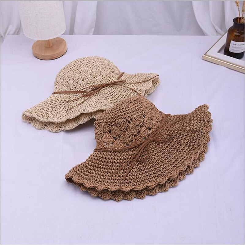Ymsaid, sombrero redondo de verano para mujer, sombreros de paja de ala ancha tejidos a mano, gorras de Sol de para mujer, sombrero plegable de playa bohemio