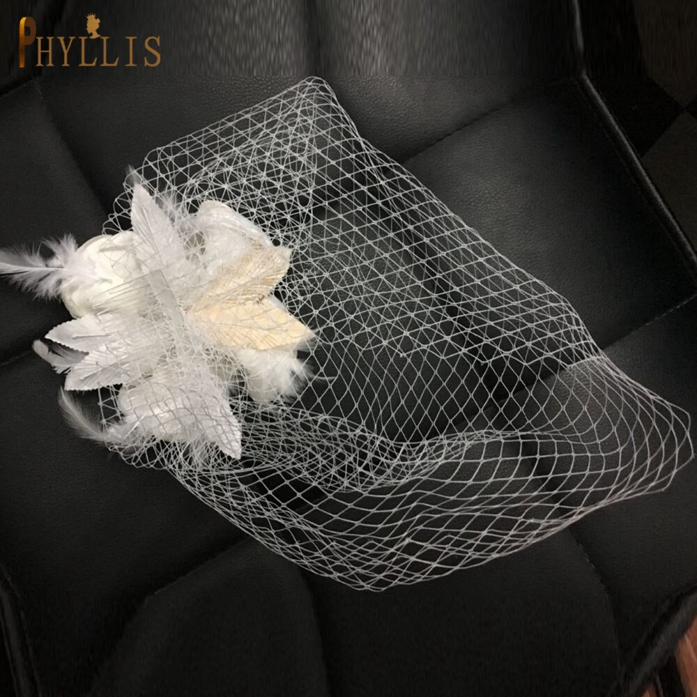 PHYLLIS JM01 Bridal Birdcage Veil Blusher Veil Feather Flower Short Veil Wedding Veil White Fascinator Bride Hats With Veil