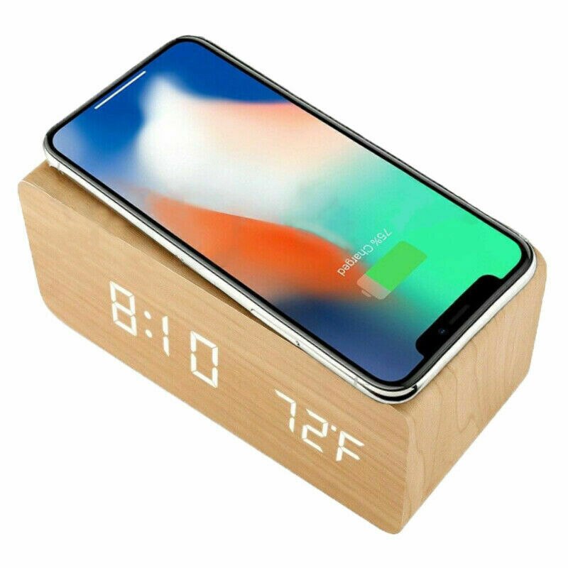 Led Houten Wekker Met Draadloos Opladen Pad Compatibel Met Voor Iphone Samsung Hout Digitale Klok Geluid Controle Functie: Wood