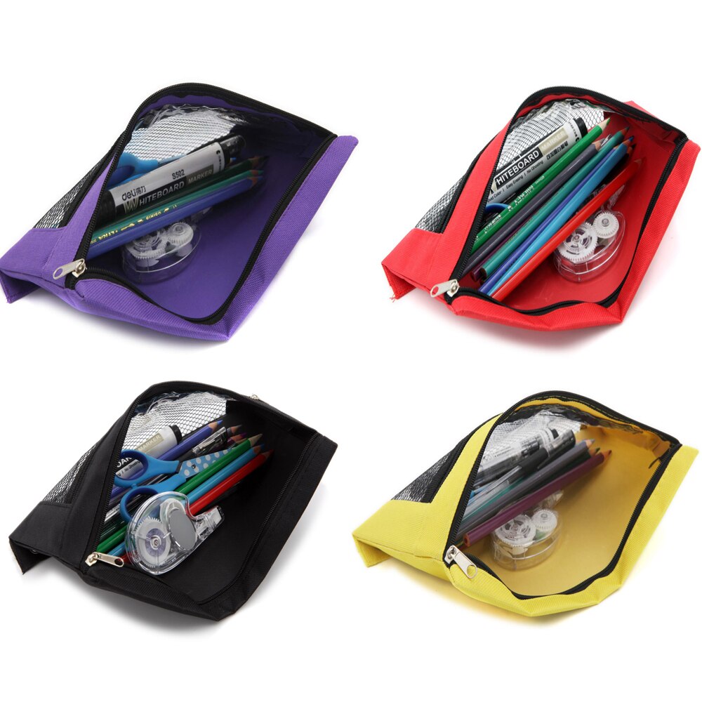 Bolsa de lápices con cremallera de doble bolsillo, Color aleatorio, con ojal, 2 compartimentos, orificios surtidos y bolsillo de malla de visión rápida para la escuela, 1 ud.