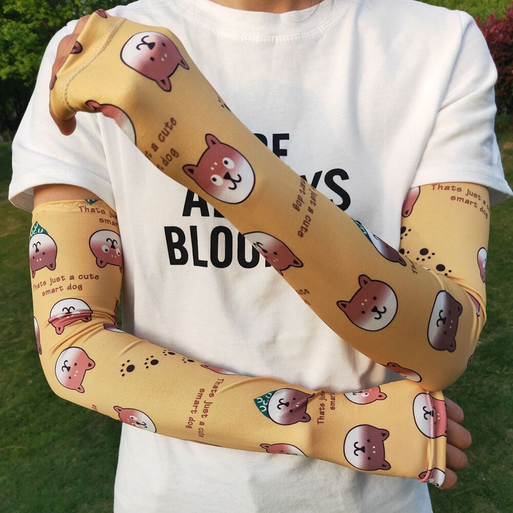 Dames arm mouwen ijs zijde koud fruit bloemen print zonnehandschoenen halve vinger auto armwarmers sport zonnebrandcrème mouw: K