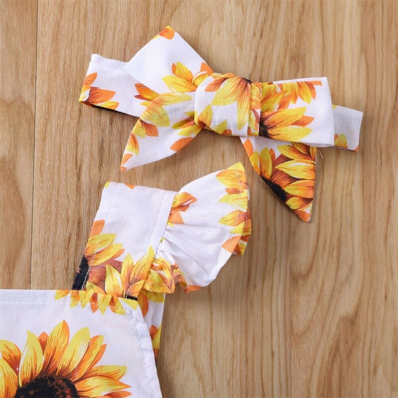 Babymeisjes jongens bodysuit zonnebloemen print ruches mouw jumpsuit hoofdband outfits kleding zomer