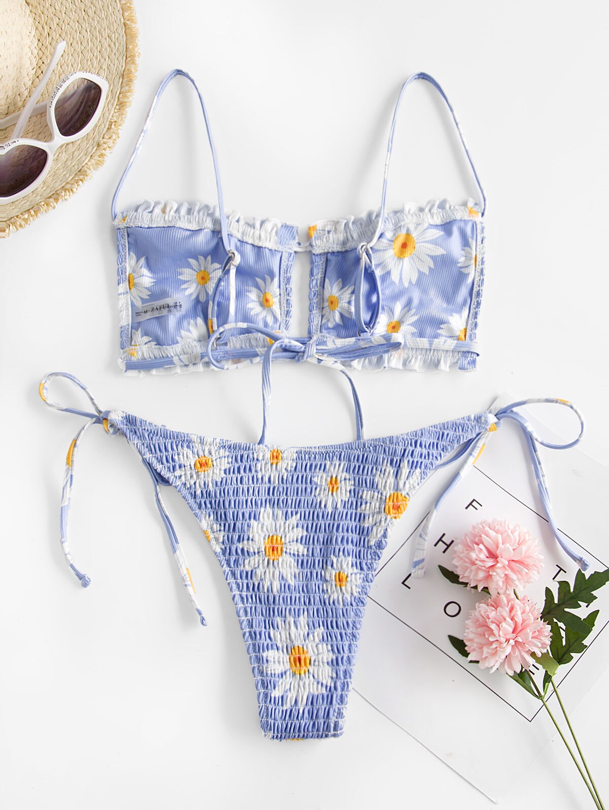 Zaful Shirred Bloemen Bralette Uitsparing Tie Side Bikini Badmode