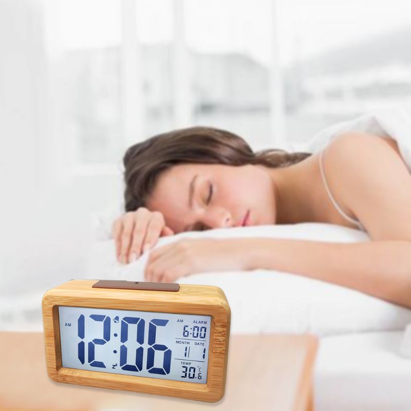Easy Setting Wooden Digital Alarm Clock with Temperature, Date, Backlight, Snooze Functions for Bedroom Non Ticking